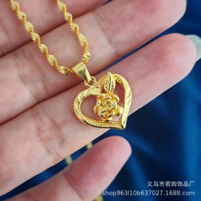 قلادة نسائية من الذهب الرملي الفيتنامي المزيف مجموعة أزياء نسائية قلادة قلب الخوخ المجوفة - Image 3